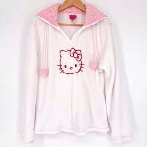Hello Kitty Sanrio Fleece Hoodie White Pink Sherpa Hood Pom Pom XL Pullover Cozy